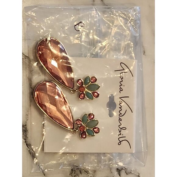 Gloria Vanderbilt Gold-Tone Pink Teardrop Earrings Green & Pink Crystal Floral - Picture 2 of 5